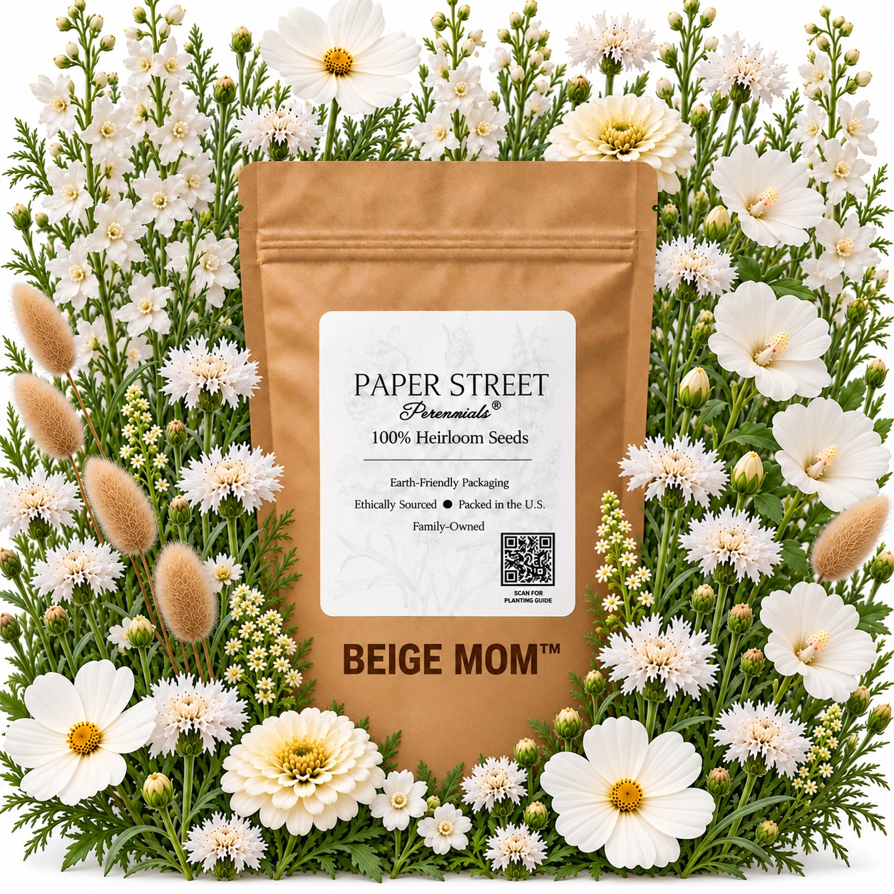 Beige Mom seed pouch with white flowers and oatmeal bunny tails