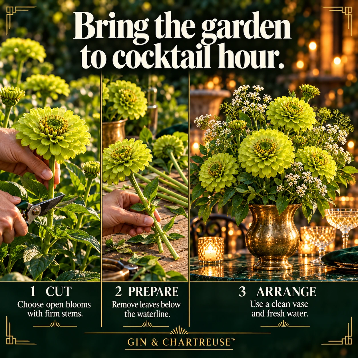 Cutting and arranging Envy Zinnia flowers for a table centerpiece