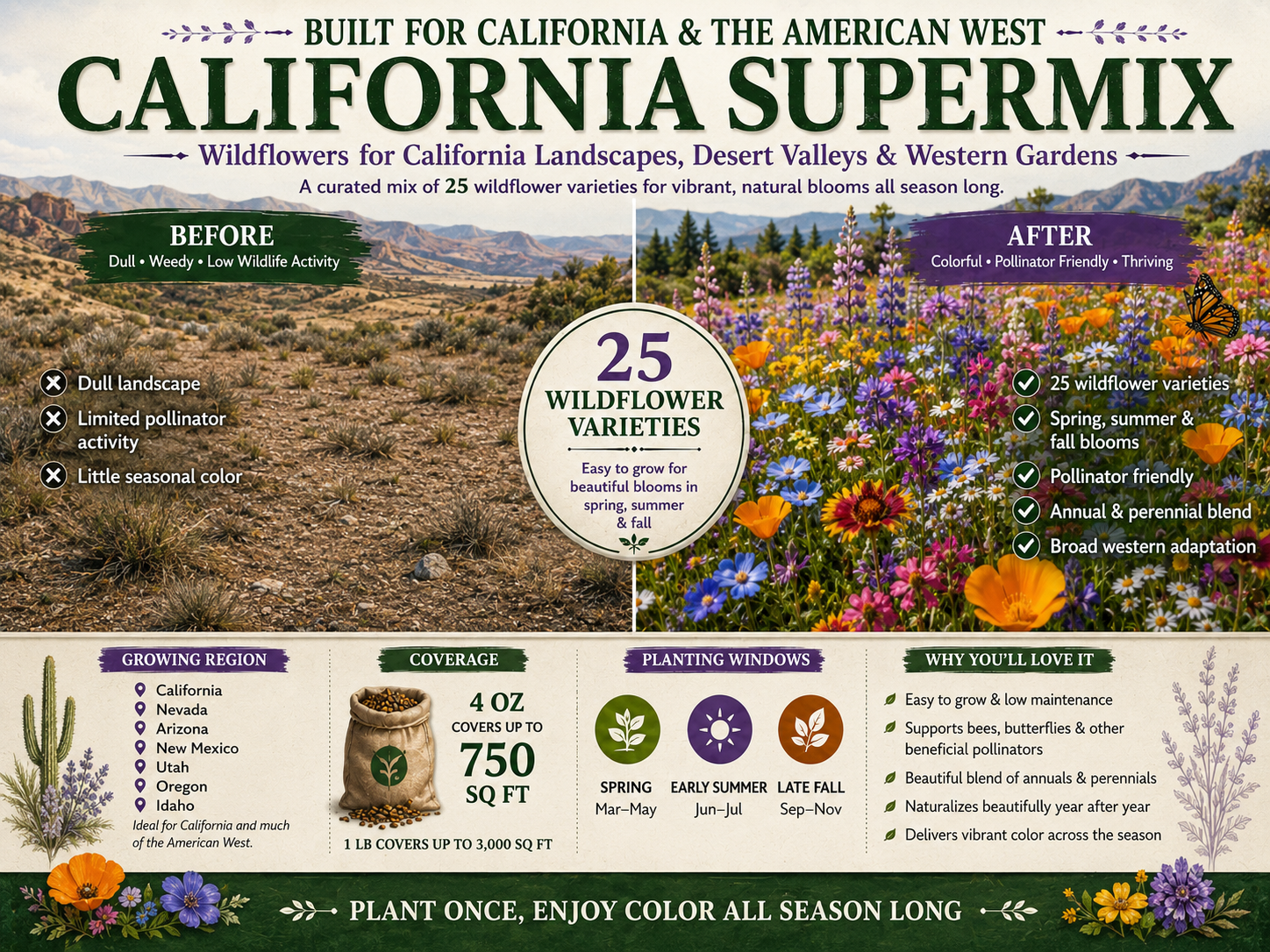 California landscape before planting and after a colorful California Supermix display